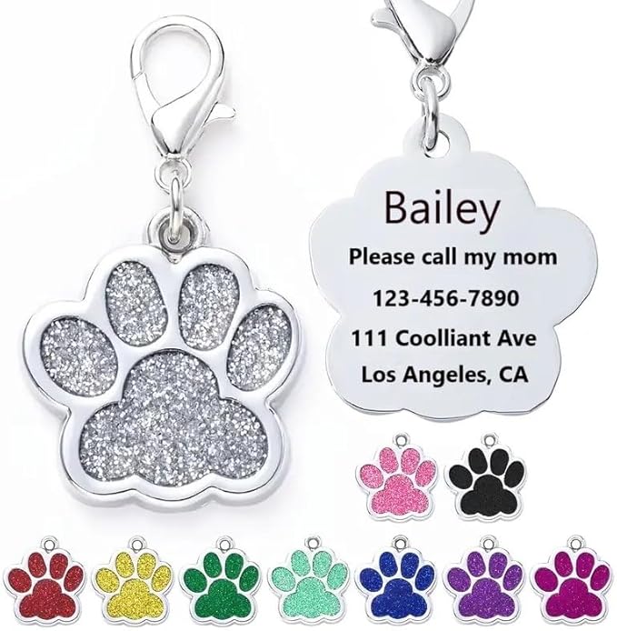 Cute Personalized Pet Name Tags for Cats/Dogs - Glitter Custom pet id tag, Dog id Tags Engraved for Pets, Customizable cat tag, pet Collar Charms, Dog Name tag (Paw-Shaped-Small: Gold)