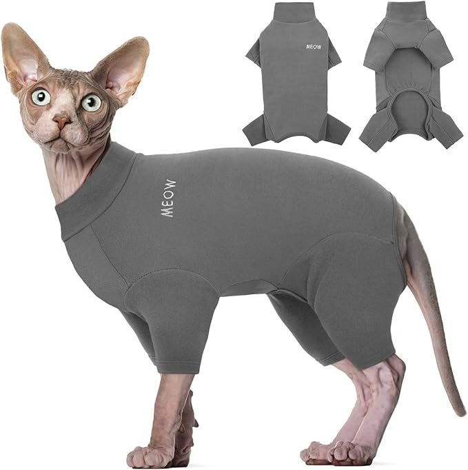 ROZKITCH Clothes for Cats, Breathable Jumpers for Sphynx Only, Soft Coat with Four Legs, Warm Sweater T-Shirt Pajamas Jumpsuit Vest Cornish Rex, Devon Rex, Peterbald Grey 2XL