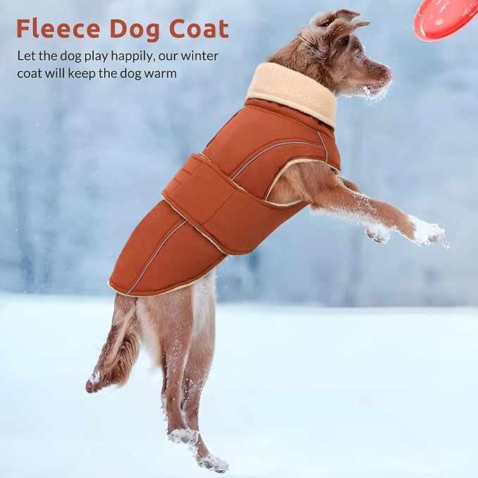 ASENKU Warm Dog Coat, Waterproof Dog Jackets for Large Dogs with Reflective Fleece Vest Turtleneck with Button, Windproof Cold Weather Coats for Small Medium Large Dogs, Red Brown, L