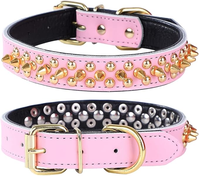 Adjustable Genuine Leather Spiked Studded Dog Collars for Small Medium Large Pets Like Pit Bull Bulldog Pugs Husky (L, Pink2)