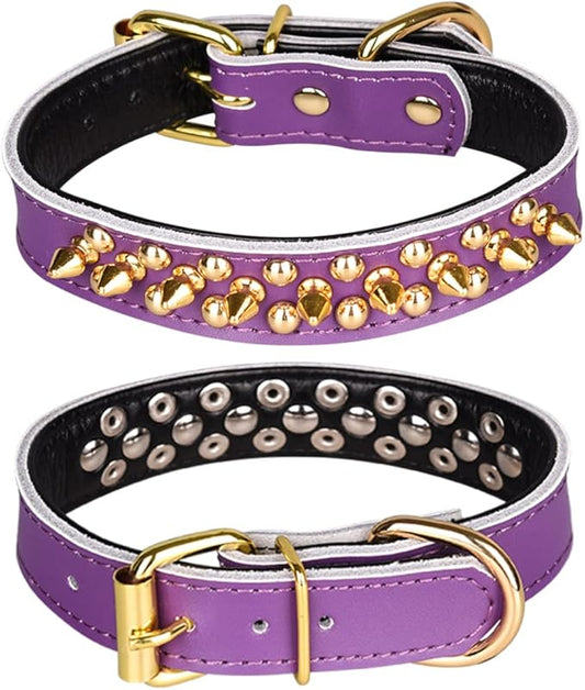 Adjustable Genuine Leather Spiked Studded Dog Collars for Small Medium Large Pets Like Pit Bull Bulldog Pugs Husky (M, Purple2)