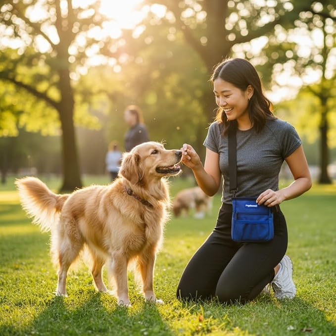 Dog Treat Pouch, Durable Oxford Polyester, No-Spill Magnetic Closure, Treat Pouches for Pet Training with Metal Clip, Waist Belt, Adjustable Strap, Poop Bag Dispenser (Navy Blue)