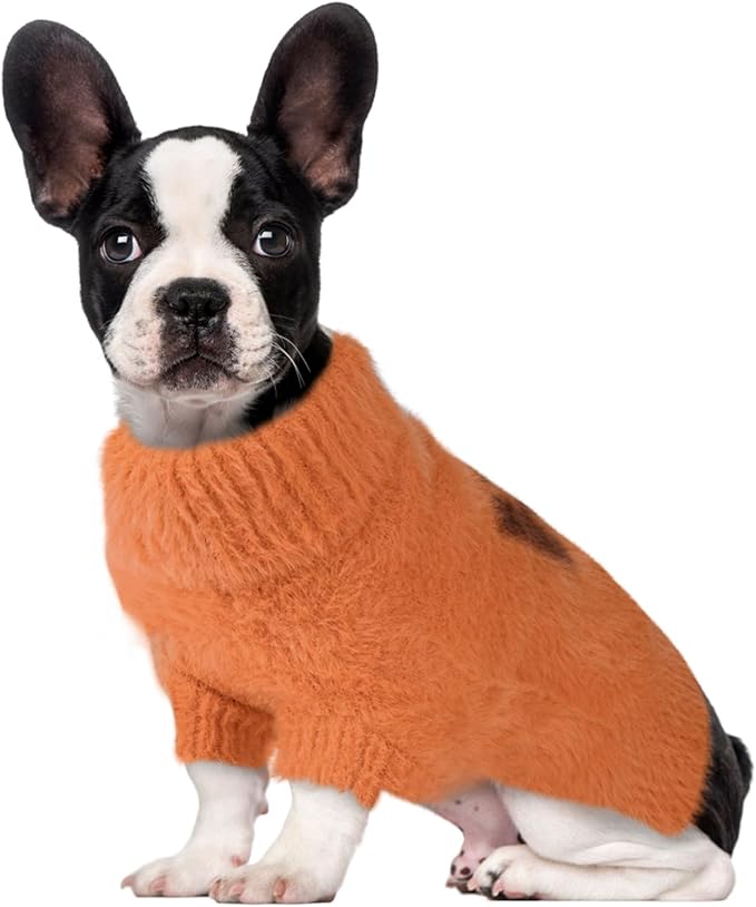 Small Dog Furry Pullover Sweater, Classic Turtleneck Dog Clothes for Cold Weather Cute Warm Pet Clothes for Chihuahua, Bulldog, Dachshund, Pug Orange Small