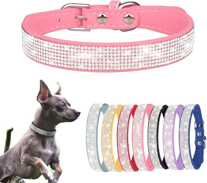 Serijoars Small Dog Collar with Rhinestone Crystal Diamond Colorful Bling Girl Puppy Cat Collars (S, Pink)