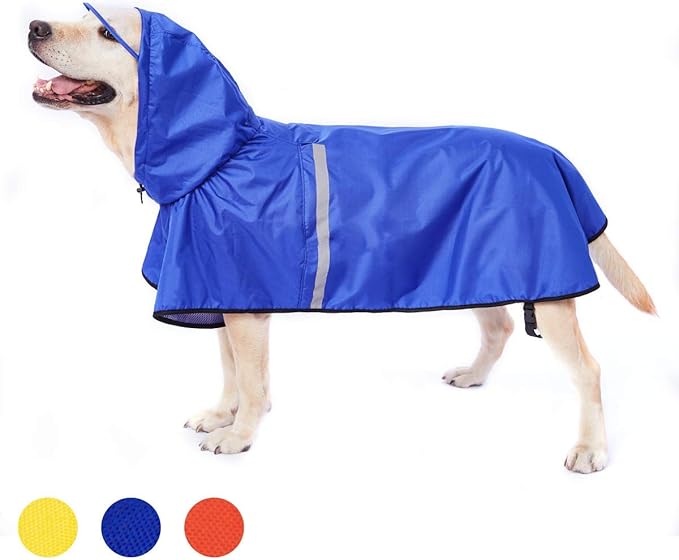 Dog Raincoat with Adjustable Belly Strap and Leash Hole - Hoodie with Reflective Strip - Waterproof Slicker Lightweight Breathable Rain Poncho Jacket for Medium Large Dogs - Easy to Wear, Blue 5XL