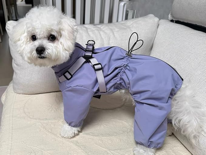 Mile High Life Waterproof Dog Raincoat, Full Coverage Small Dog Rain Coat with Harness, Adjustable 4 Legs Puppy Rain Jacket with Reflective Strip and Elastic Cuffs (Purple, XS Back Length 11.4")