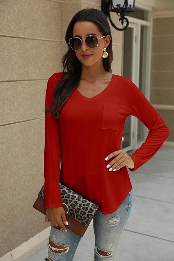 Tobrief Women's Long Sleeve V-Neck Shirts Fall Graphic Tees Loose Casual T-Shirt