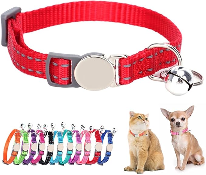 Red Cat Collar with Bell & Breakaway, Reflective Kitten Collar with Bells, Soft Nylon Break Away Dog Collar for Xs Small Tiny Puppy, Neck 7-11 Inch