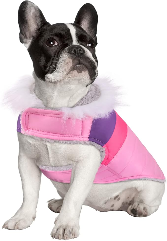 HDE Dog Puffer Jacket Fleece Lined Warm Dog Parka Winter Coat with Harness Hole Pink Stripe - S