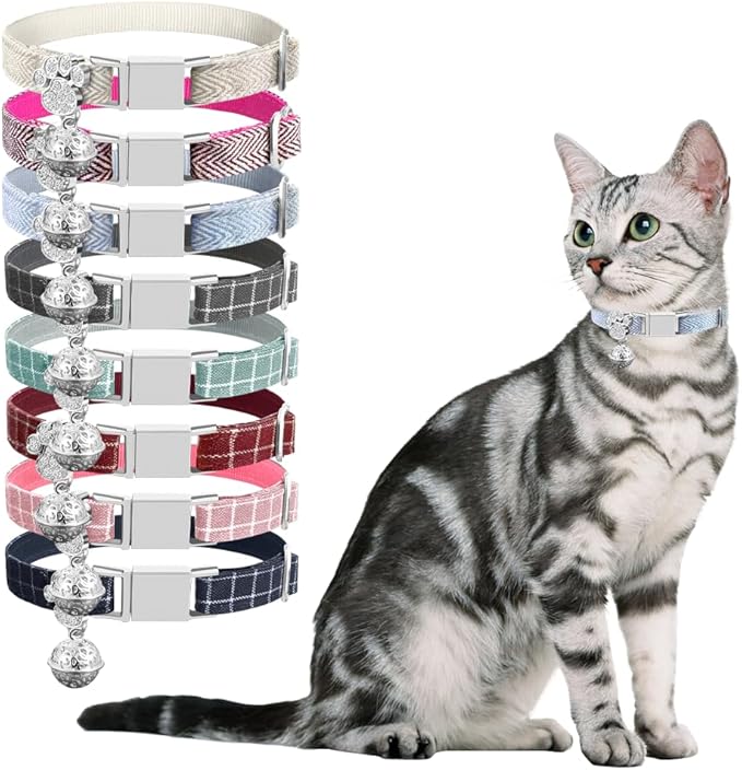 Personalized Breakaway Cat Collars - Magnetic Buckle, Bell - Safety Quick Release, Customized for Girls & Boys Cats- (Herringbone-Sky Blue)