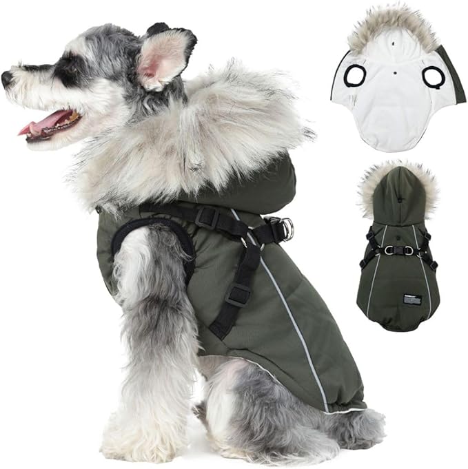 PINA Winter Coat with Waterproof Fabric and Faux Fur Hood, Dog Jacket with Reflective Strap for Small to Large Dogs, Green, S