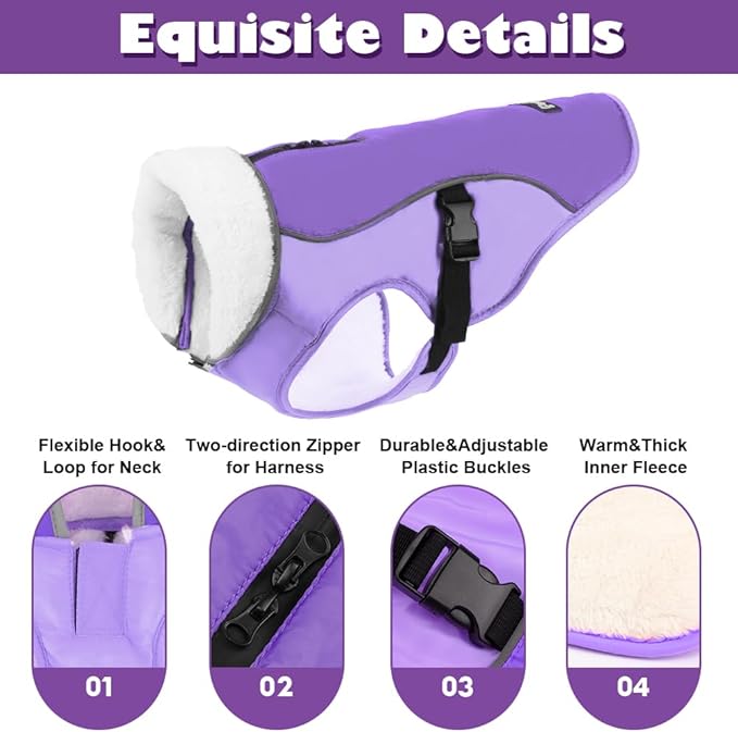 EMUST Dog Jacket Winter, Cozy Windproof Dog Jacket for Cold Weather, Solid Color Dogs Vests for Winter for Medium Dogs,New Purple, M