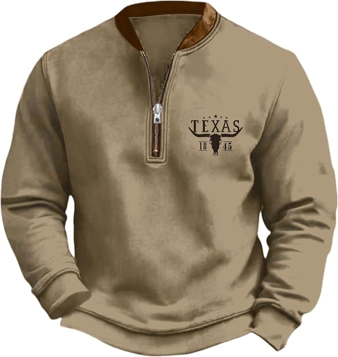 HOTYD Aztec Cowboy Jacket Men Vintage Bullhorn Printed Oversized Western Sweatshirt Long Sleeve Quarter Zip Pullover
