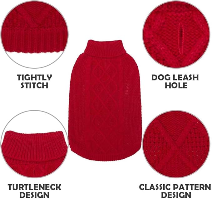 Mihachi Turtleneck Dog Sweater - Winter Coat Apparel Classic Cable Knit Clothes with Leash Hole for Cold Weather, Ideal Gift for Pet in New Year Red 2XL
