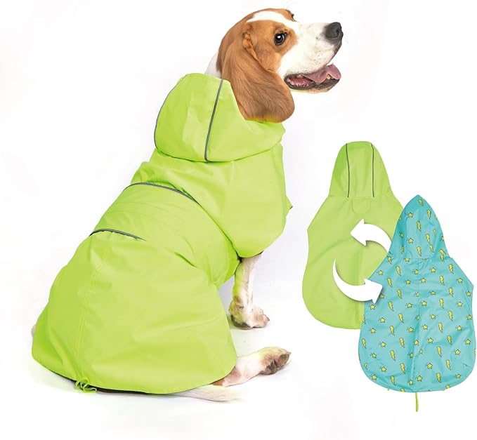 Dog Raincoat Reversible, Single Side Slicker Poncho Adjustable Waterproof Dog Rain Jacket with Leash Hole/Reflective Stripe Hooded Snowproof Windproof Clothes for Small to 3X-Large Dogs, 3XL