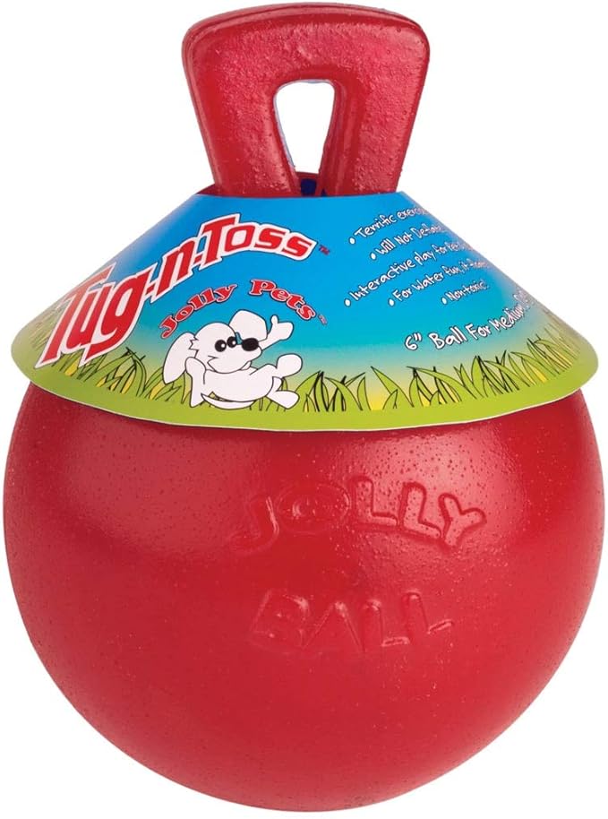 Jolly Pets Tug-n-Toss Heavy Duty Dog Toy Ball with Handle, 8 Inches/Large, Red (408 RD)