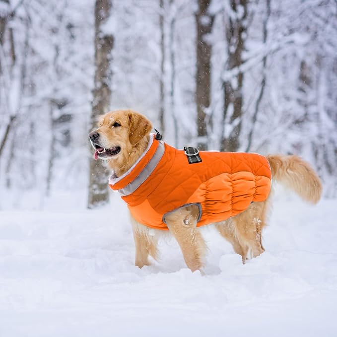 Lelepet Dog Coat Warm Dog Winter Coat Waterproof Dogs Jacket with Harness Built in Reflective Pet Fleece Vest Zip-Up Cold Weather Coats for Small Medium Large Dogs Turtleneck Windproof Blaze Orange L