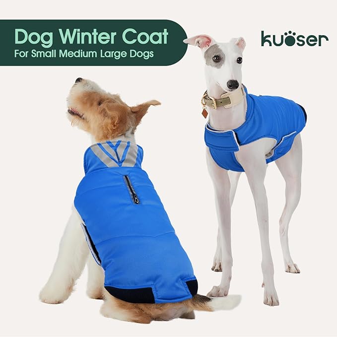 Kuoser Dog Coat Large, Cold Weather Reflective Waterproof Dogs Jacket with Warm Fleece Lining, Turtleneck Dog Winter Coat with Zipper, Doggy Snow Jacket Pet Coats for Small Medium Large Dogs, Blue XL