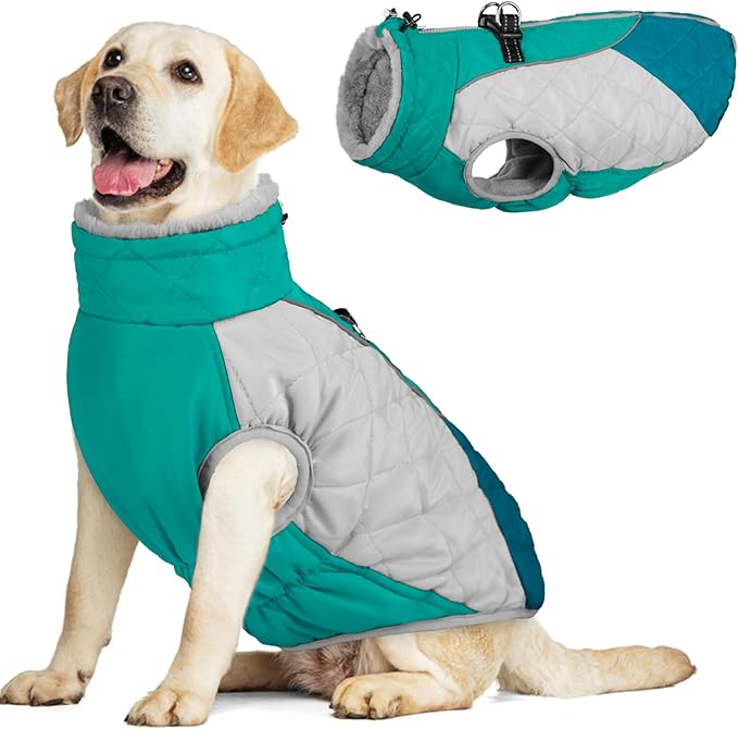 AOFITEE Dog Coat, Winter Jacket With Harness Built-in and Fleece Lined, Reflective Waterproof Pet Puffer for Small Medium Large Dogs, Green XL