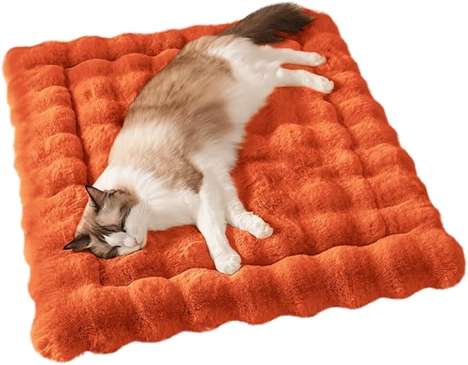 Cat Beds for Indoor Cats Faux Fur Pet Pad Mat Plush Kitten Bed with Non-Slip Bottom for Carriers/Couch Dog & Puppy Friendly 35 x 27 Inch X-Large Orange
