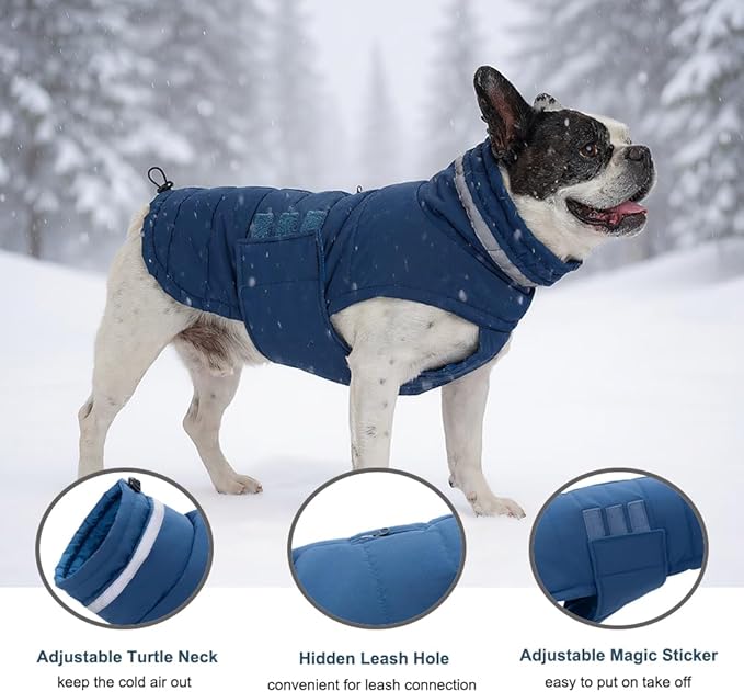 Dog Coat, Waterproof Winter Jacket, Warm Windproof Jacket, Reflective Adjustable Turtleneck Coats for Small Dogs with Hook & Loop - Blue - S