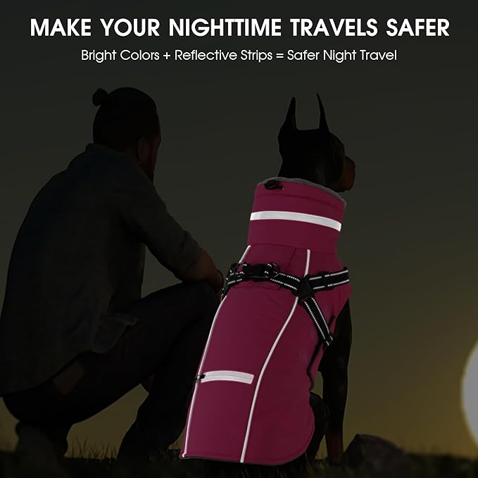 PETDSH Dog Coat Large, Built-in Harness Dog Jacket with Warm Fleece Lining, Waterproof Reflective Dogs Winter Coat, Pet Coats with Pocket and Trash Bags (Pink, Large)