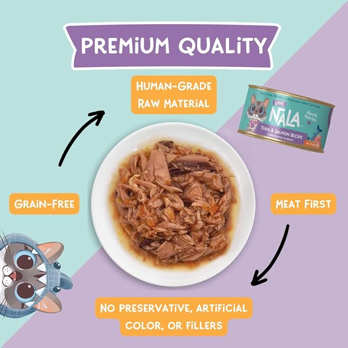 LOVE, NALA - Single Protein Tuna Flaked Wet Cat Food - Hydration Broth, Natural, Grain-Free, Non-GMO, No Gums, No Carrageenan, Human-Grade Tuna, Added Vitamins & Minerals - 2.8 oz, 12 Cans