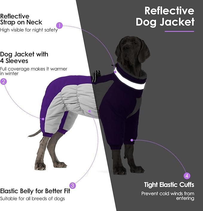 SUNFURA Full Body Dog Coat - Warm Fleece Jacket for Large Dogs, Turtleneck Winter Coats with Harness, Reflective Dog Snowsuit Windproof Puffer Jackets with Legs for Weimaraner, Purple XL