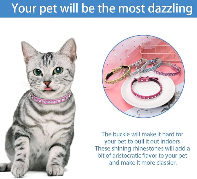 2 Pack Cat Collar Rhinestone Bling Cute Cat Collars Accessories for Pet Collars Adjustable Ideal for Girl Cats Male Cats(Silvery Blue)