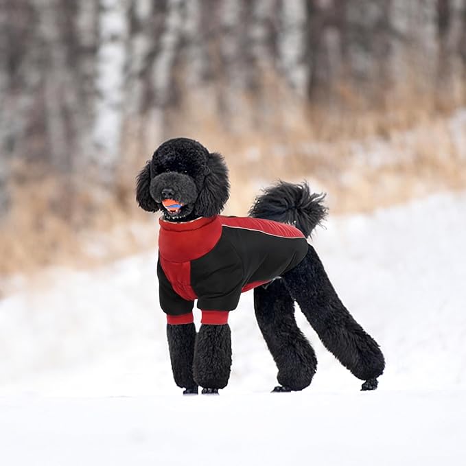 IDOMIK Reversible Dog Winter Coat, Thick Warm Dog Coat with Leopard Fleece Lining&Zipper, Adjustable High Collar Waterproof Jacket, Reflective Pet Cold Weather Coats for Large Dogs,Red,XL