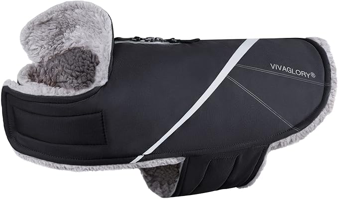 VIVAGLORY Snowrap Dog Coat, Jacket with Harness Hole & Velcro Closure, Dog Coat for Winter & Cold Weather, Fluffy Warm Fleece Lined Reflective Water Resistant for Puppy, L, Black
