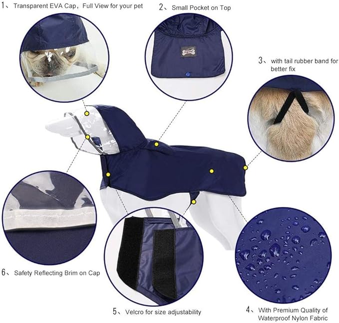 Pet Raincoat Packable Hooded Dog Rain Jacket Reflective Strips Lightweight Adjustable Poncho for Small Medium Large Dogs Blue XL