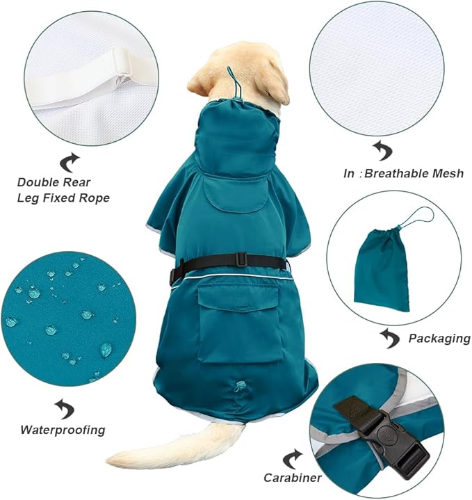 Reflective Dog Raincoat Waterproof Adjustable Dog Hooded Poncho Raincoat for Medium Large Dogs, Lightweight Pet Rain Jacket (Blue, 3XL)