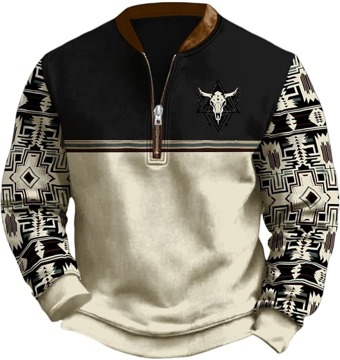 HOTYD Aztec Cowboy Jacket Men Vintage Bullhorn Printed Oversized Western Sweatshirt Long Sleeve Quarter Zip Pullover