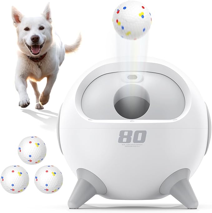 uahpet Automatic Ball Launcher for Dogs with Obstacle Detection, 20ft-80ft Adjustable Distances Ball Thrower Launcher for Medium & Large Dogs, with 4 Balls (2.5 inches)