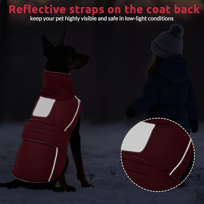 ASENKU Warm Dog Coat, Waterproof Dog Jackets for Large Dogs with Reflective Fleece Vest Turtleneck with Button,Windproof Cold Weather Coats for Small Medium Large Dogs, Dark Red, XL