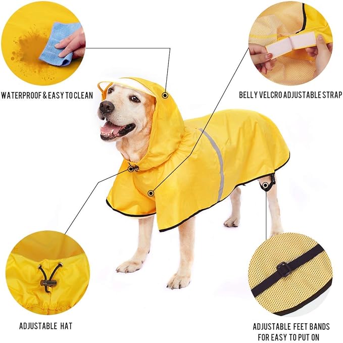 Large Dog Raincoat Jacket with Adjustable Belly Strap and Leash Hole - Hoodie with Reflective Strip - Waterproof Slicker Lightweight Breathable - Easy to Wear