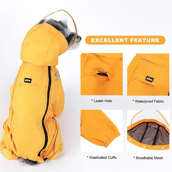 PINA Lightweight Waterproof Dog Rain Jacket with Hood - Full Wrap Design for Full Protection