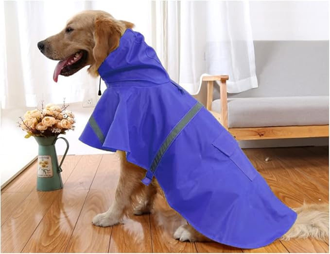 Large Dog Raincoat Adjustable Pet Waterproof Clothes Lightweight Rain Jacket Poncho Hoodies with Strip Reflective(Dark Blue,XL)