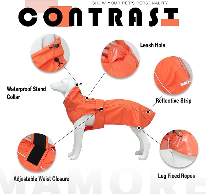Waterproof Dog Raincoat with Reflective Strip, Adjustable Breathable Rain Coat Jacket with Leash Hole for Dogs (Orange, Medium)
