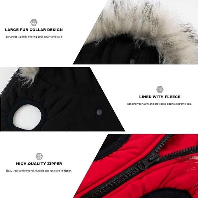 PINA Dog Winter Coat, Dog Winter Jacket with Waterproof Fabric, Warm Dog Coat with Faux Fur Hood, Dog Winter Vest with Reflective Strap for Small Medium Large Dogs, Red, L