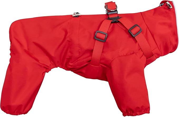 Mile High Life Waterproof Dog Raincoat, Full Coverage Small Dog Rain Coat with Harness, Adjustable 4 Legs Puppy Rain Jacket with Reflective Strip and Elastic Cuffs (Red, XXS Back Length 9.8")