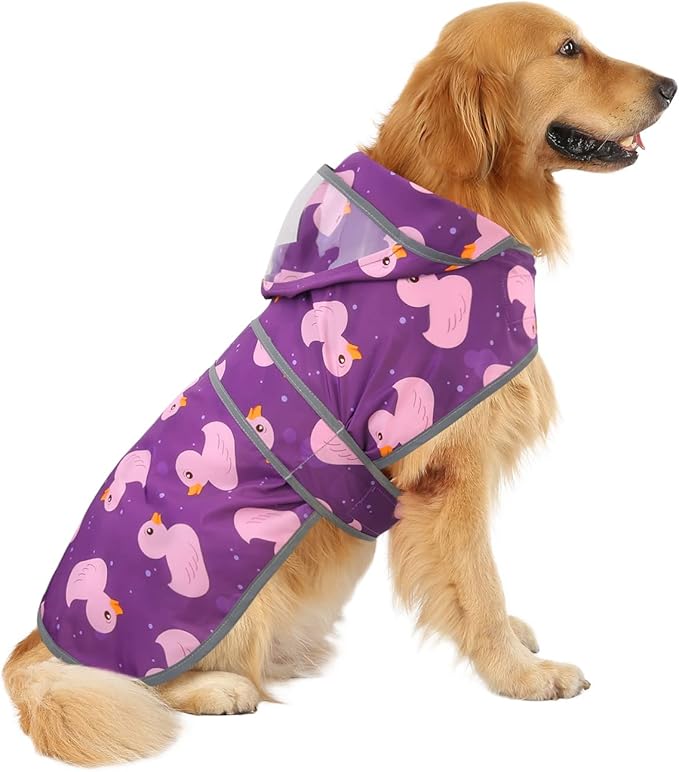 HDE Dog Raincoat with Clear Hood Rain Jacket Poncho for Small Medium Large Dogs Ducks Purple - XXL