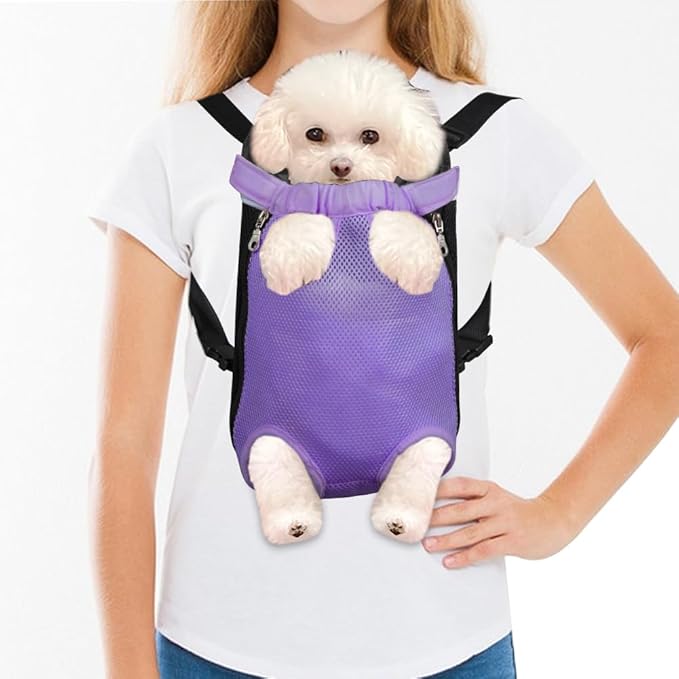 FEimaX Dog Carrier Backpack Pet Legs Out Front Cat Travel Bag, Adjustable Puppy Backpacks Carriers Hands-Free for Small Medium Dogs Cats Hiking Traveling Camping Daily Walking (Medium, Purple)