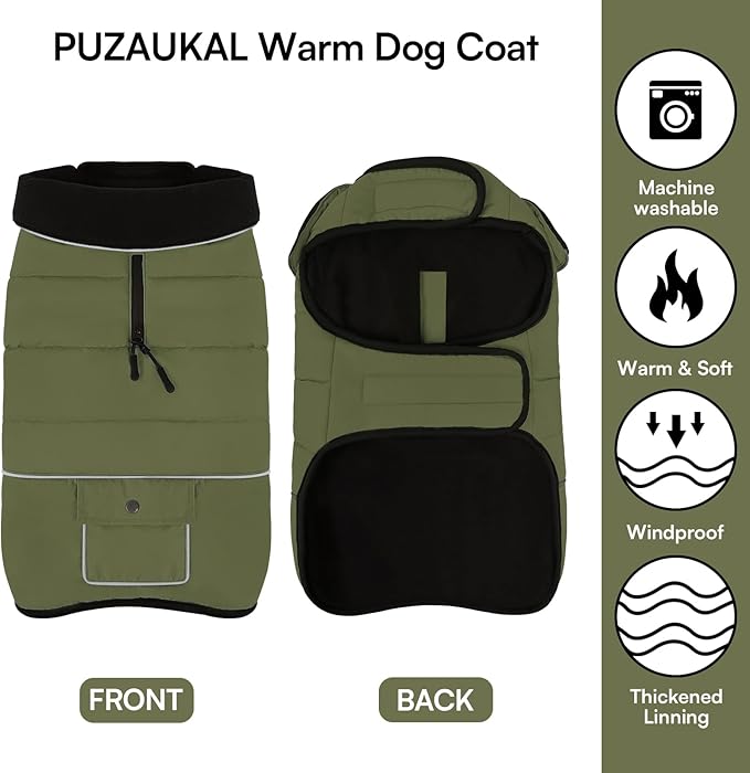Dog Coat, Small Medium Dog Jacket, Windproof Dogs Puffer Jacket, Fleece Lined Warm Dogs Winter Coat with Harness Hole (Army Green L)