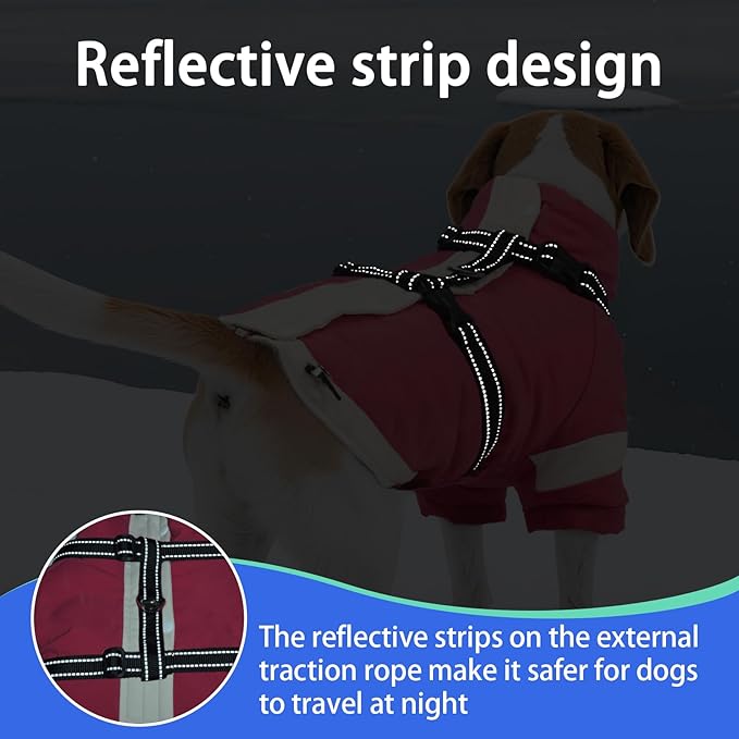 MIGOHI Dog Coat with Harness Built in, 2-in-1 Thermal Dog Jacket, Reflective Snowsuit for Large Dogs, Fleece Lined with Turtleneck, Adjustable Buckle Coats, Border Collies, Pink, XL