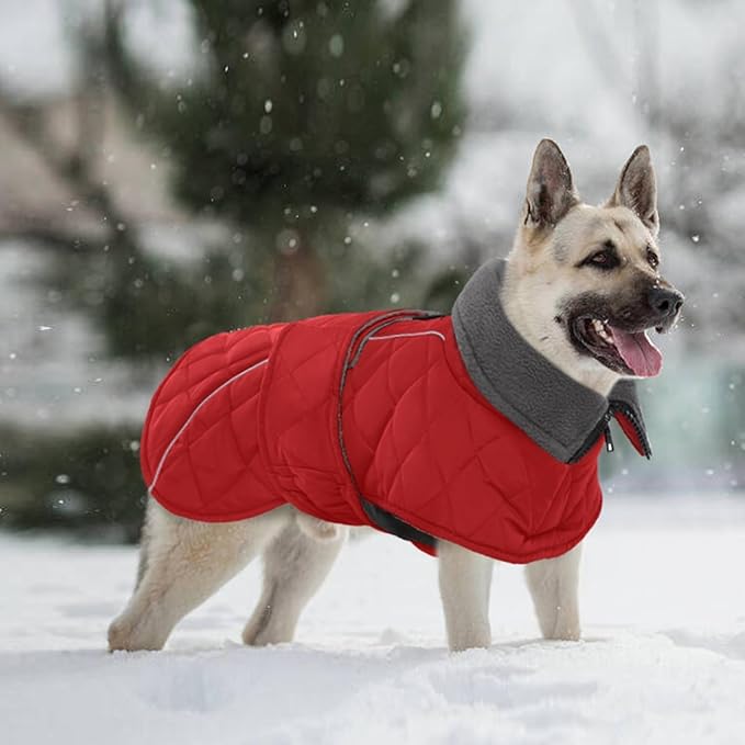 Kuoser Extra Warm Dog Jacket, Windproof Dog Coat Cold Weather Clothes with Fleece Lining for Large Dogs, Turtleneck Pet Snowsuit Reflective Adjustable Winter Clothes, Red XL