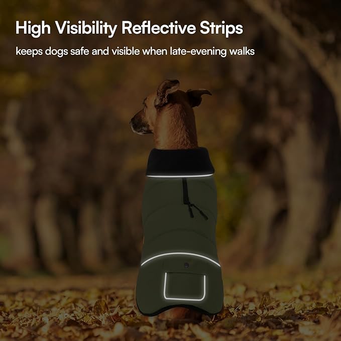 Dog Coat, Large Dog Jacket, Windproof Dogs Puffer Jacket, Fleece Lined Warm Dogs Winter Coat with Harness Hole (Army Green XL)