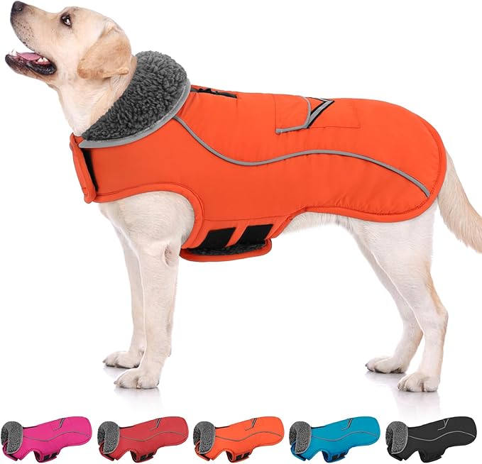 SUNFURA Dog Coat, XXXL Dog Winter Jacket, Reflective Fleece Snow Coat with Furry Collar, Waterproof Pet Puffer Jacket for Great Dane Extra Large Dogs, Orange 3XL