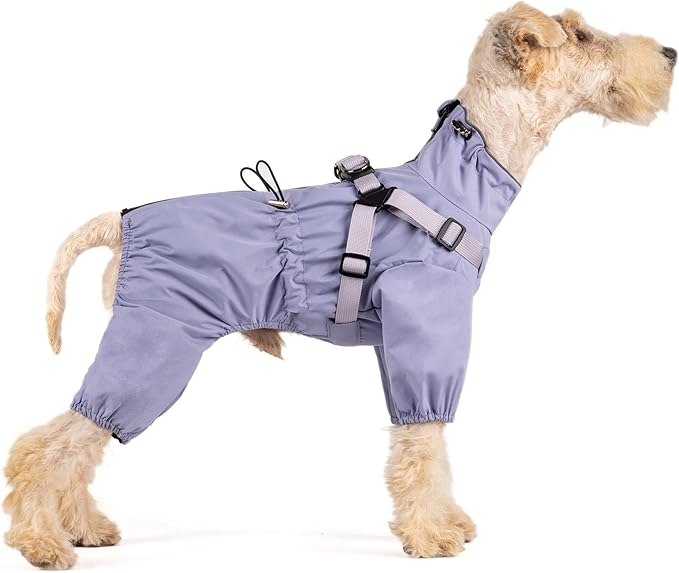 Mile High Life Waterproof Dog Raincoat, Full Coverage Small Dog Rain Coat with Harness, Adjustable 4 Legs Puppy Rain Jacket with Reflective Strip and Elastic Cuffs (Purple, M Back Length 14.6")